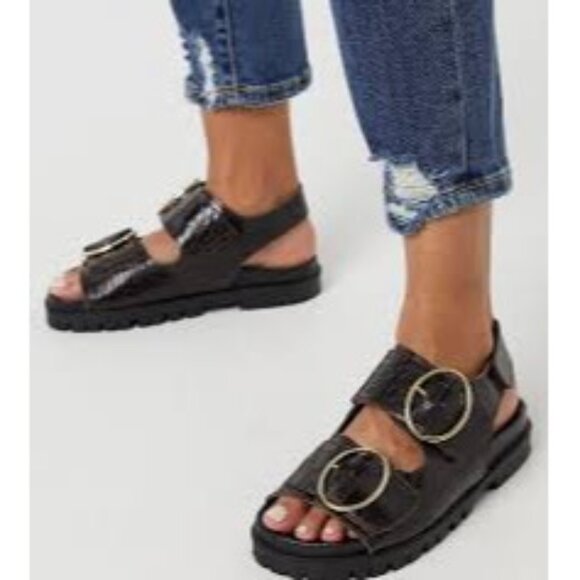 ASRA Womens Brown Croc-Embossed Chunky Sandals With Gold Buckles - Picture 4 of 15